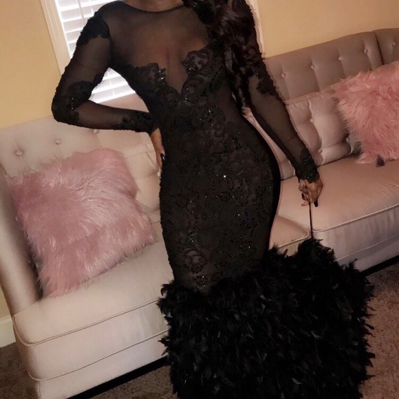 Black Feather Mermaid Prom Dress - Picture 2 of 5